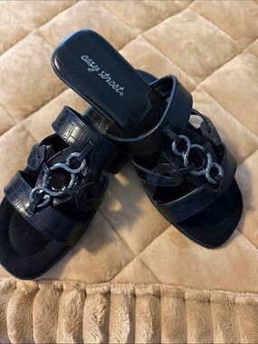 easy street Black Faux-Croc Slide Mules with Chain Accent